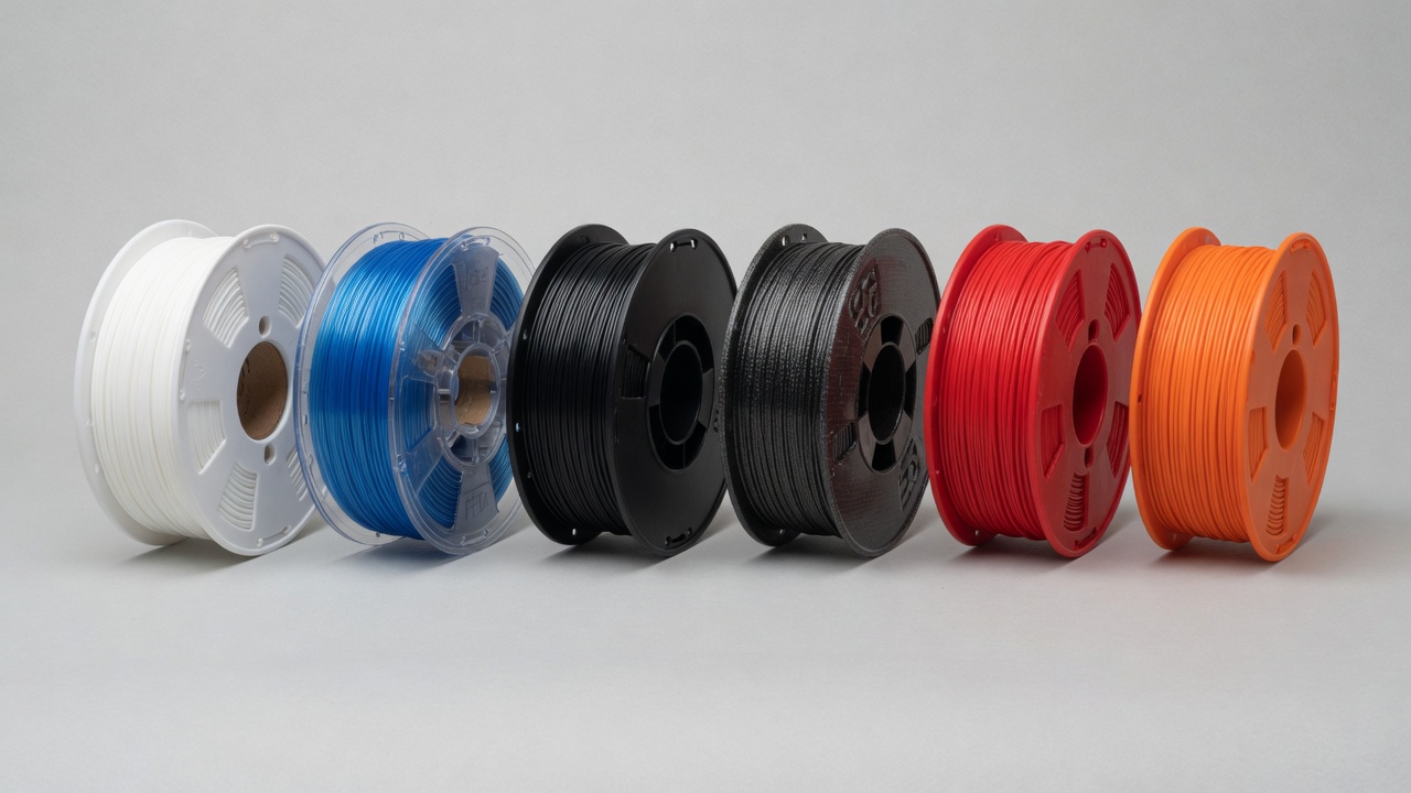 Six different 3D printing filament spools in various colors and materials including PLA, PETG, ABS, PA6-CF, TPU and ASA arranged on a simple background